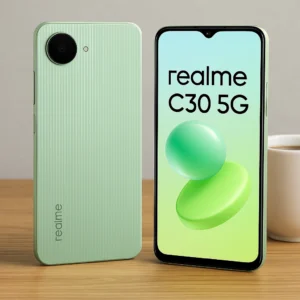 Realme C30 5G Mint Green front and back view placed on wooden desk with coffee mug.