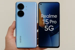 Realme 15 Pro 5G in hand showcasing rear camera and Sunrise Blue finish