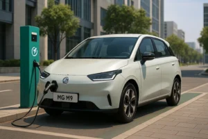 MG M9 electric hatchback plugged in at city EV charging station