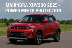 Mahindra XUV300 2025 compact SUV in red color parked on road with scenic greenery background under blue sky.