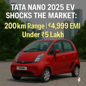Tata Nano 2025 electric car in red, offering 200km range and low EMI