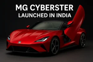 MG Cyberster electric roadster with scissor doors launched in India, bold red color against dark background