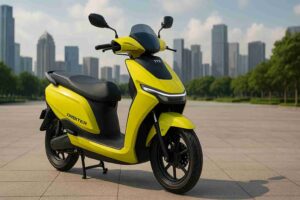 TVS Orbiter electric scooter in Neon Sunburst yellow parked outdoors, showcasing modern design, LED headlamp, and commuter-friendly features for Indian riders