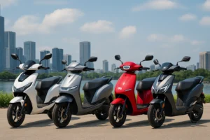 TVS Orbiter vs Ather Rizta vs Ola S1X vs Vida V2X electric scooters parked outdoors in bright natural lighting, showcasing modern design, range, and features in India 2025