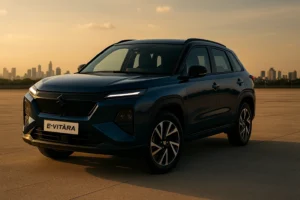 Maruti Suzuki e-Vitara electric SUV in India 2025, finished in metallic blue with futuristic design, showcasing premium styling, EV badge, and modern LED lighting.