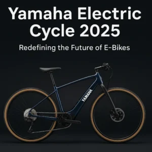 Yamaha Electric Cycle 2025 sleek navy blue e-bike with alloy frame, gravel tires, and advanced center-drive motor displayed on a dark background.