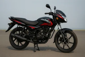 Bajaj Pulsar 125 motorcycle with sporty design, red and black graphics, parked outdoors in daylight.