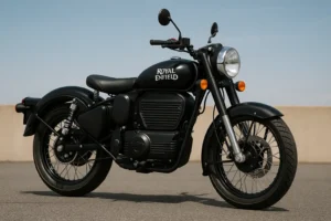 Electric Bullet Bike concept of Royal Enfield with retro design and modern electric motor, displayed outdoors in India