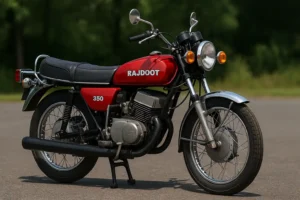 Rajdoot 350 vintage motorcycle in red color with chrome exhaust and twin-cylinder engine parked on a road in India