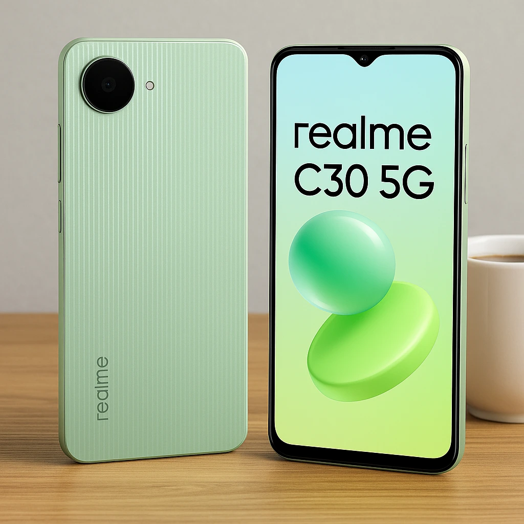 Realme C30 5G Mint Green front and back view placed on wooden desk with coffee mug.