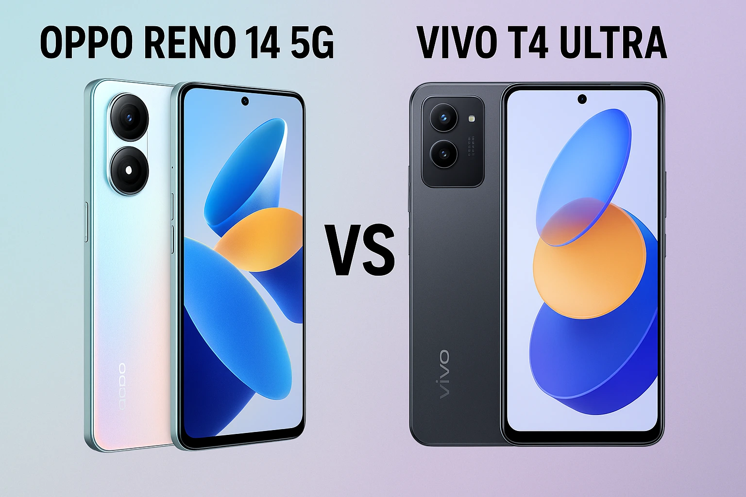 Oppo Reno 14 5G and Vivo T4 Ultra smartphone comparison side-by-side with screen and back design visible