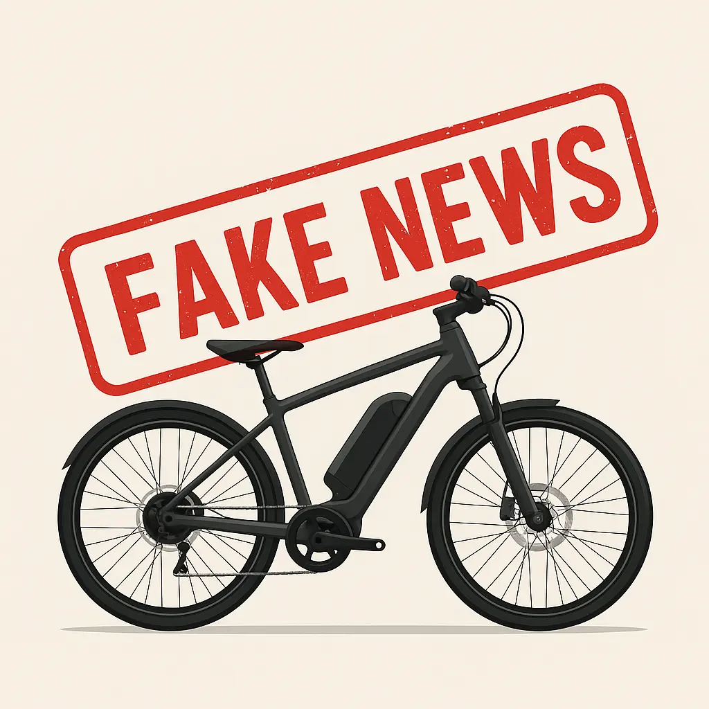 Modern electric bicycle with 'FAKE NEWS' stamp — Patanjali EV rumor