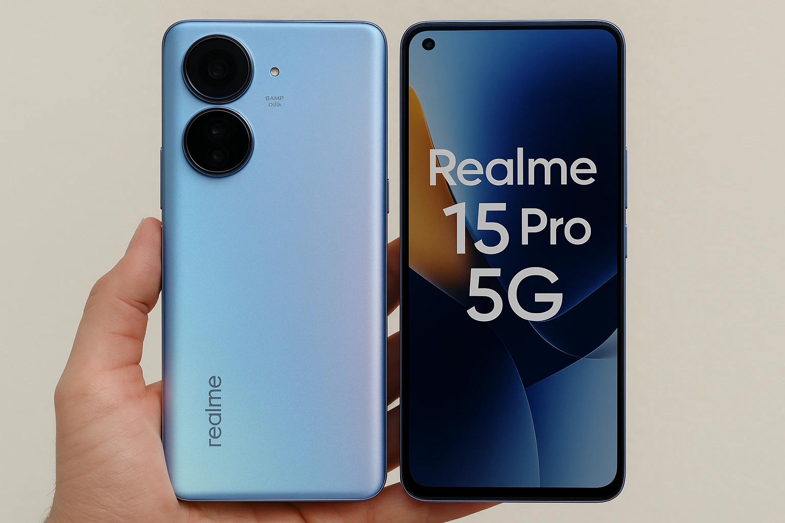 Realme 15 Pro 5G in hand showcasing rear camera and Sunrise Blue finish
