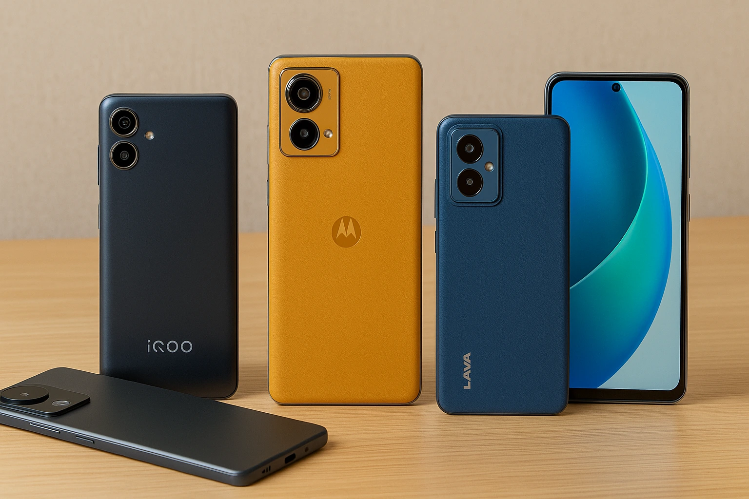 iQOO Z10R 5G modern smartphones placed diagonally on a dark background, showcasing sleek designs and vibrant displays