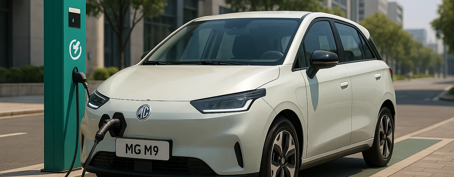 MG M9 electric hatchback plugged in at city EV charging station