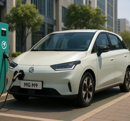 MG M9 electric hatchback plugged in at city EV charging station