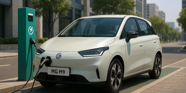 MG M9 electric hatchback plugged in at city EV charging station