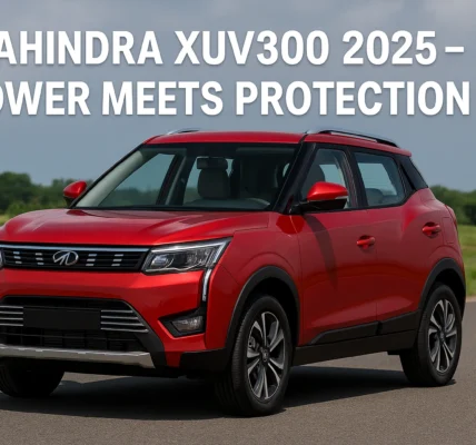 Mahindra XUV300 2025 compact SUV in red color parked on road with scenic greenery background under blue sky.