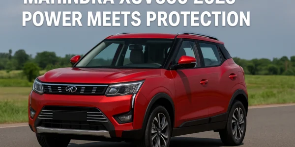 Mahindra XUV300 2025 compact SUV in red color parked on road with scenic greenery background under blue sky.