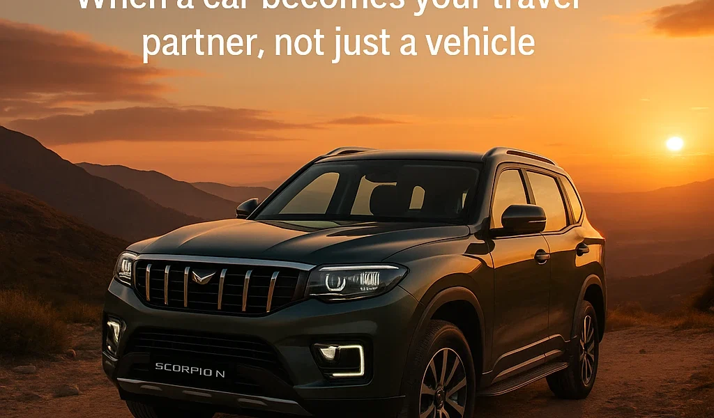 Mahindra Scorpio N 2025 SUV parked confidently on a mountain highway at sunset