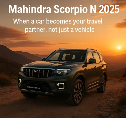 Mahindra Scorpio N 2025 SUV parked confidently on a mountain highway at sunset