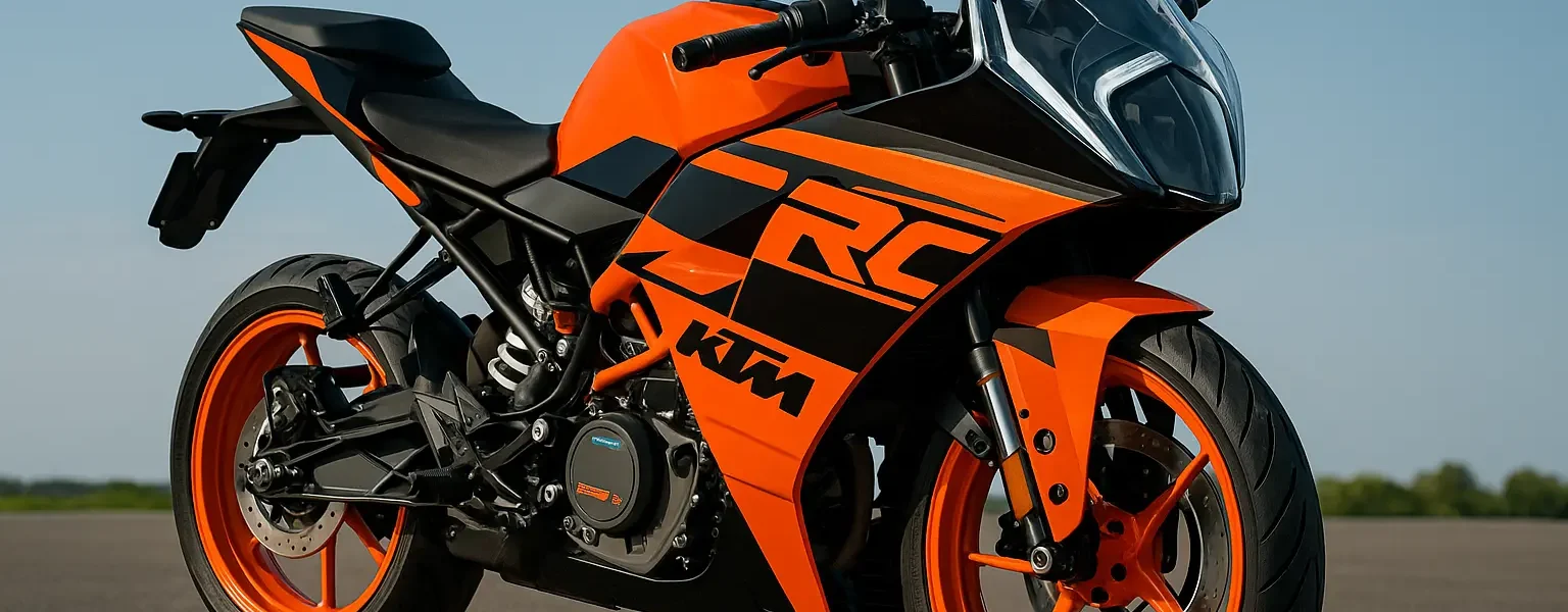 KTM RC 390 2025 sports bike parked on road under clear sky, showcasing aerodynamic design and orange-black color theme