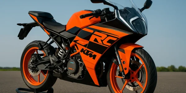 KTM RC 390 2025 sports bike parked on road under clear sky, showcasing aerodynamic design and orange-black color theme
