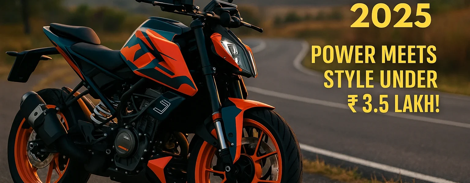KTM 390 2025 parked on a scenic Indian road during sunset with bold orange and black design