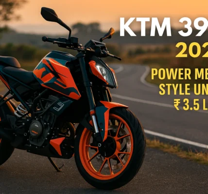 KTM 390 2025 parked on a scenic Indian road during sunset with bold orange and black design