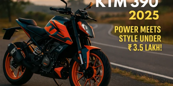 KTM 390 2025 parked on a scenic Indian road during sunset with bold orange and black design