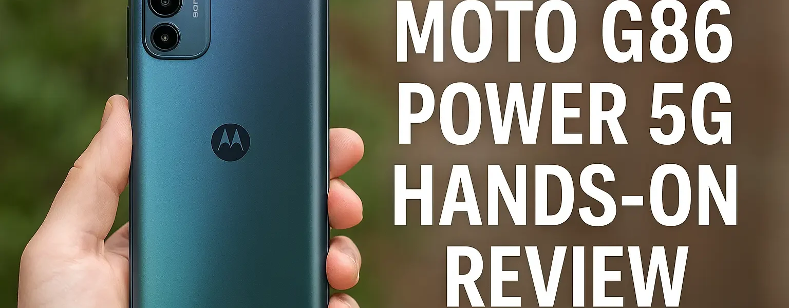 Person holding Moto G86 Power 5G smartphone in metallic green finish with triple camera setup – hands-on review background