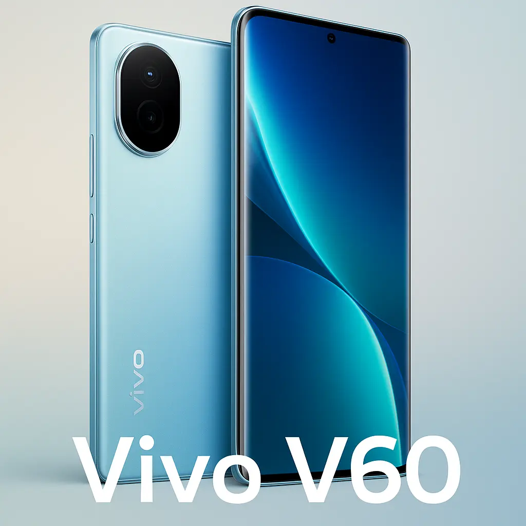 Vivo V60 smartphone in Aqua Blue showing front curved AMOLED display and rear dual-camera design