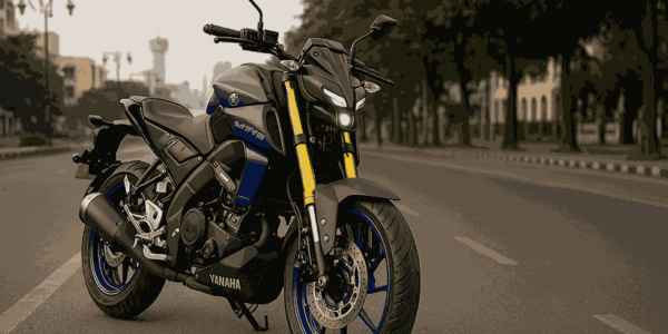 2025 Yamaha MT-15 V2.0 Racing Blue parked on an urban Indian street showcasing aggressive design, LED headlamp, and sporty profile.