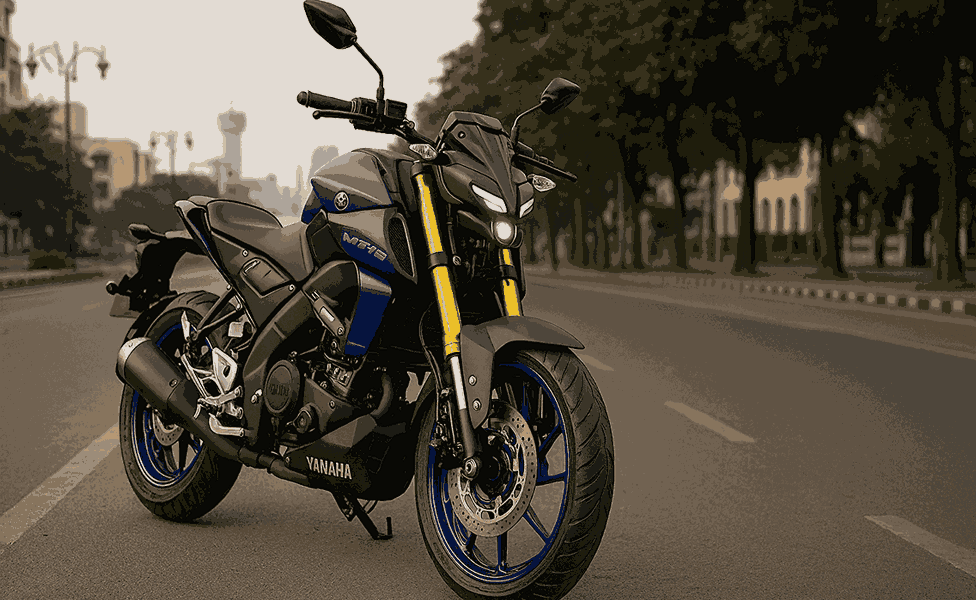 2025 Yamaha MT-15 V2.0 Racing Blue parked on an urban Indian street showcasing aggressive design, LED headlamp, and sporty profile.