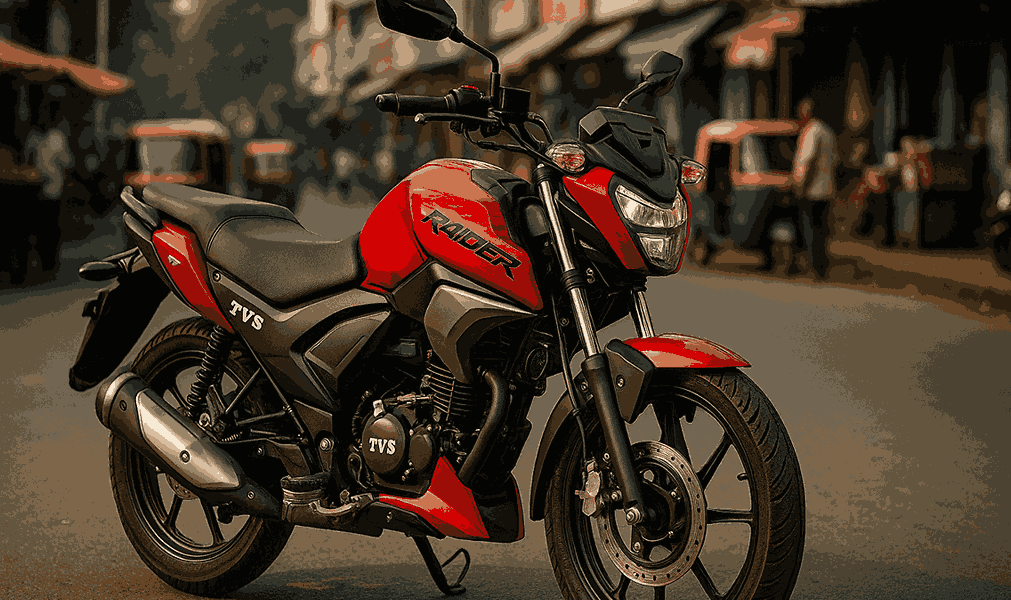 A realistic photo of the TVS Raider 125 Review, a sporty commuter motorcycle, parked on a vibrant Indian street — ideal for daily rides with LED headlamp and stylish design.