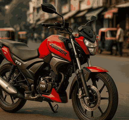 A realistic photo of the TVS Raider 125 Review, a sporty commuter motorcycle, parked on a vibrant Indian street — ideal for daily rides with LED headlamp and stylish design.