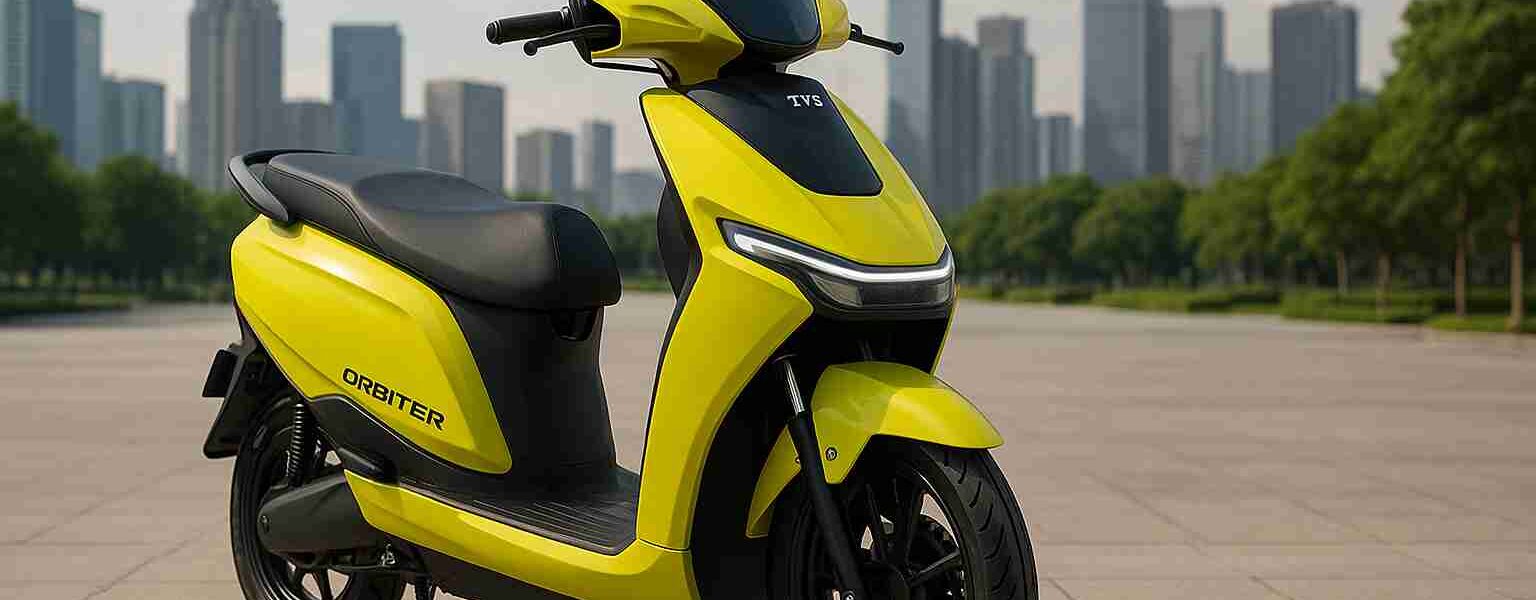 TVS Orbiter electric scooter in Neon Sunburst yellow parked outdoors, showcasing modern design, LED headlamp, and commuter-friendly features for Indian riders