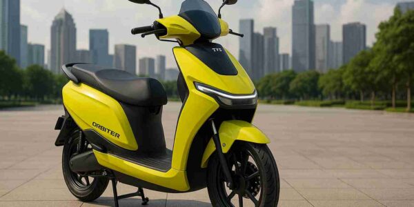 TVS Orbiter electric scooter in Neon Sunburst yellow parked outdoors, showcasing modern design, LED headlamp, and commuter-friendly features for Indian riders