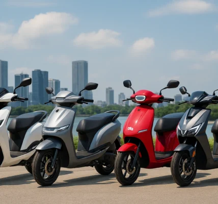 TVS Orbiter vs Ather Rizta vs Ola S1X vs Vida V2X electric scooters parked outdoors in bright natural lighting, showcasing modern design, range, and features in India 2025