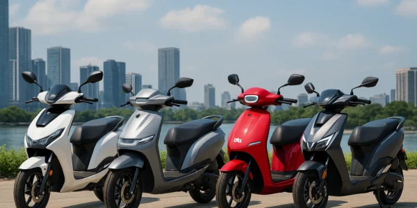 TVS Orbiter vs Ather Rizta vs Ola S1X vs Vida V2X electric scooters parked outdoors in bright natural lighting, showcasing modern design, range, and features in India 2025