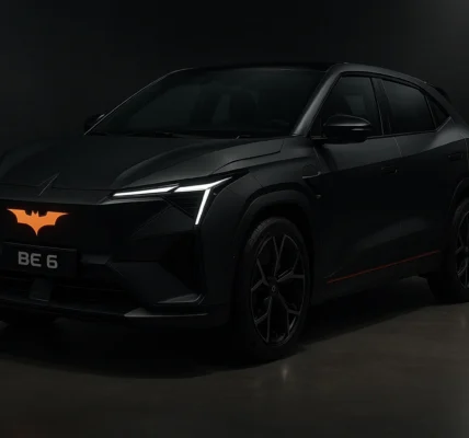 Mahindra BE 6 Batman Edition electric SUV in satin black with gold accents, photographed in bright natural lighting with cinematic mood, showcasing premium design, Bat emblems, and exclusive styling for India 2025.