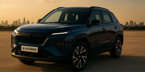 Maruti Suzuki e-Vitara electric SUV in India 2025, finished in metallic blue with futuristic design, showcasing premium styling, EV badge, and modern LED lighting.