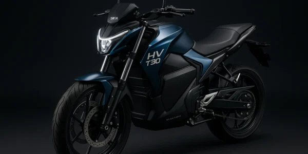 “TATA HV T30 electric bike 2025 with 200 km range and CCS2 fast-charging support – side view in metallic blue”