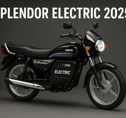 Hero Splendor Electric 2025 bike in black with blue accents, featuring LED headlamp, electric motor, and classic Splendor design in studio background.