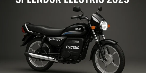 Hero Splendor Electric 2025 bike in black with blue accents, featuring LED headlamp, electric motor, and classic Splendor design in studio background.