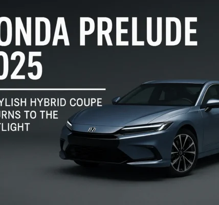 Honda Prelude 2025 hybrid coupe front view with sleek headlights and sporty styling