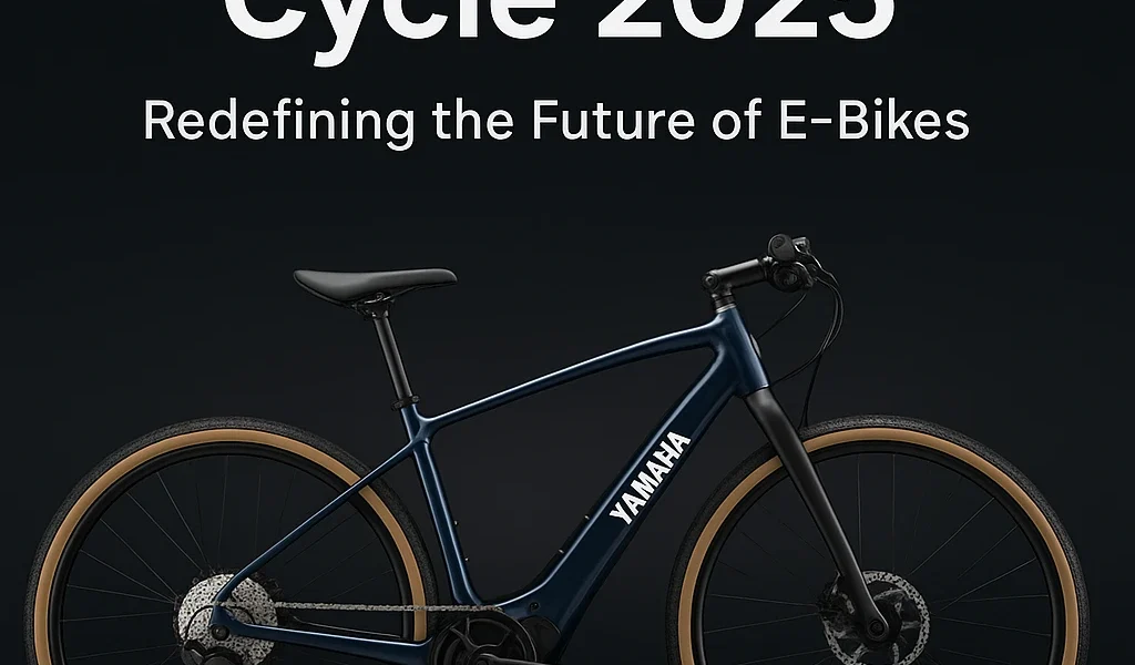 Yamaha Electric Cycle 2025 sleek navy blue e-bike with alloy frame, gravel tires, and advanced center-drive motor displayed on a dark background.