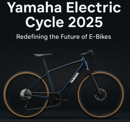 Yamaha Electric Cycle 2025 sleek navy blue e-bike with alloy frame, gravel tires, and advanced center-drive motor displayed on a dark background.