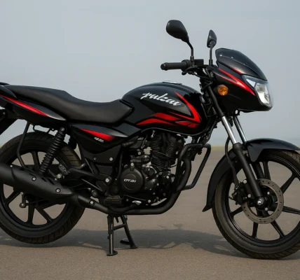 Bajaj Pulsar 125 motorcycle with sporty design, red and black graphics, parked outdoors in daylight.