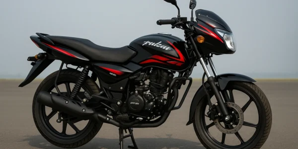 Bajaj Pulsar 125 motorcycle with sporty design, red and black graphics, parked outdoors in daylight.